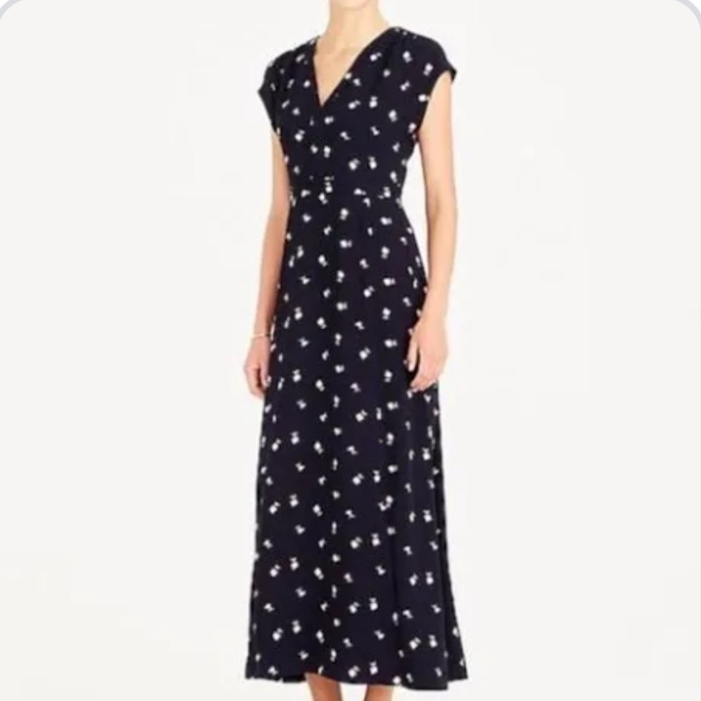 J. Crew Mercantile Navy Ditsy Floral Print V-Neck Midi Dress with Slits Size 6